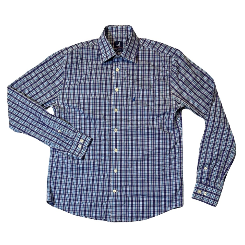 Johnnie-O mens S Small purple blue plaid cotton button up casual shirt EUC